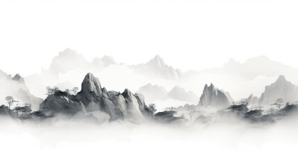 chinese ink painting of mountains with fog, ai