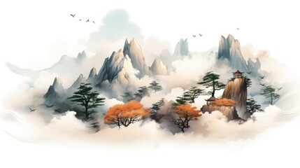 chinese ink painting of mountains with fog, ai