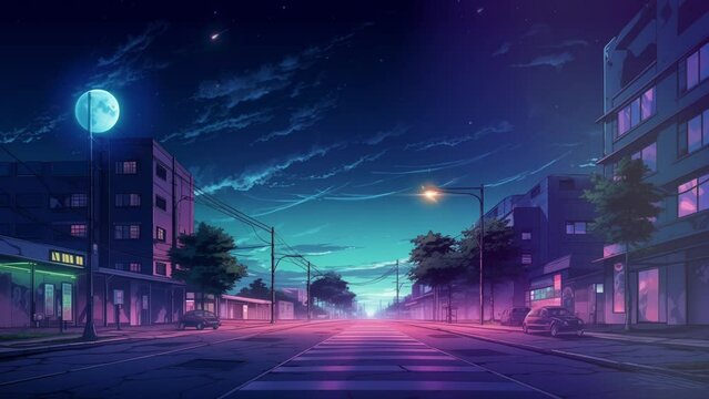 Animated illustration of a highway in the middle of the city, at night with the lights on and a cool atmosphere. The illustration of a quiet street is suitable for depicting the night atmosphere. back
