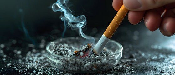 Close up hand stubbing smoldering cigarette over glass ashtray at grey table against black background. - obrazy, fototapety, plakaty