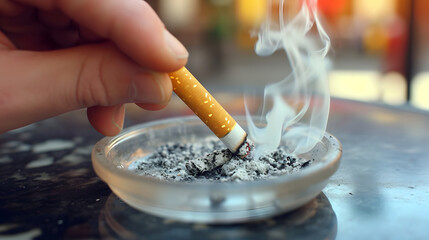 Close up hand stubbing smoldering cigarette over glass ashtray on the table against blurred background. - obrazy, fototapety, plakaty