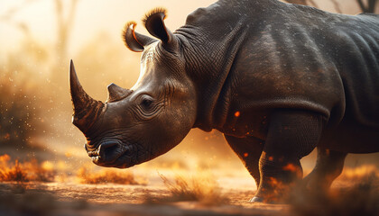 Fototapeta premium African rhinoceros grazing in the wilderness, strength in nature beauty generated by AI