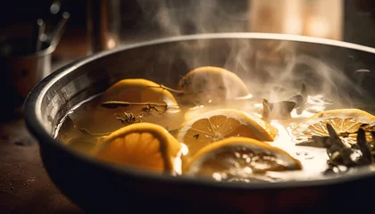 Foto op Plexiglas Fresh lemon slice on a wooden table, a refreshing citrus delight generated by AI © Jemastock