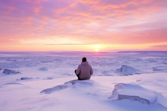 Snowy Serenity: Majestic Winter Landscape - A Man's Adventurous Journey amidst Frozen Baikal Lake, Russia