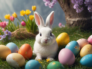 Fototapeta premium Easter bunny and colorful Easter eggs in the flower garden in the morning