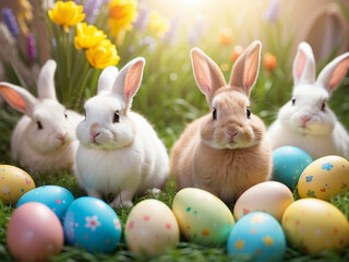 Easter bunny and colorful Easter eggs in the flower garden in the morning
