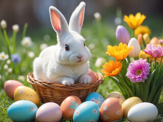 Easter bunny and colorful Easter eggs in the flower garden in the morning