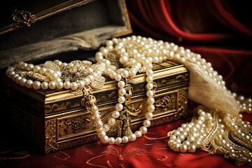 Classic antique jewelry box with pearls in it