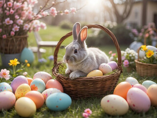 Easter bunny and colorful Easter eggs in the flower garden in the morning