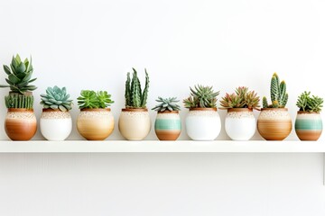 Shelf with white pots with cactaceae on white wall