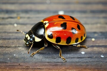 Close up of a ladybug walking on a wooden board