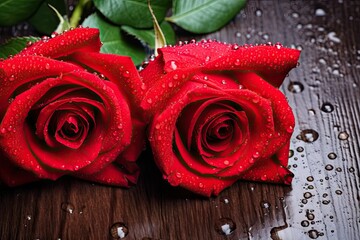 Red roses on wooden table with dew