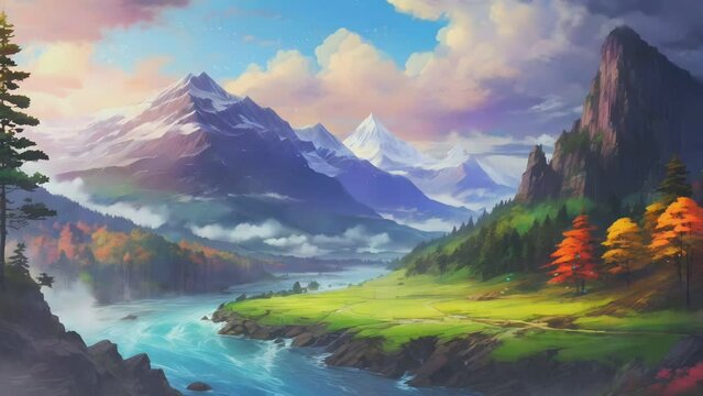 landscape with river and mountains, ai generate