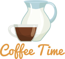 Transparent glass cup of coffee with milk jug. Warm comforting beverage concept. Coffee break, cozy morning drink vector illustration.