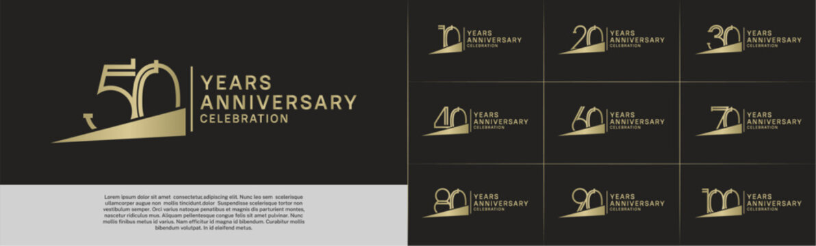 set of anniversary logotype gold color with golden ribbon for special celebration event