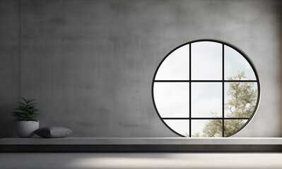 3d render inside old building window wall view white walls and concrete floor, in the style of constantin brancusi, living materials