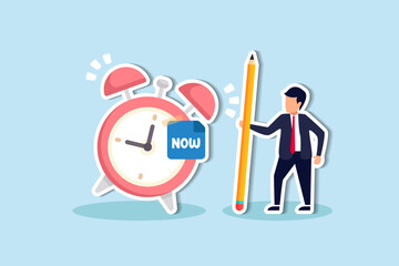 Stop procrastination, do it now or decision to finish work or appointment in time, punctuality concept, businessman with pencil after he wrote the word Now on note and stick it on ringing alarm clock. - obrazy, fototapety, plakaty