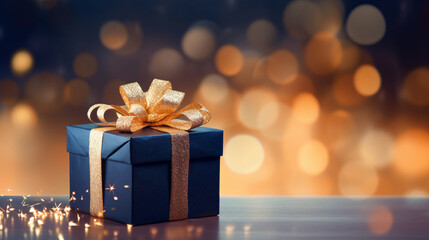 プレゼントが入ったギフトボックスとゴージャスで金色の揺らめきとぼかしの背景
