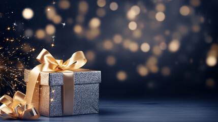 プレゼントが入ったギフトボックスとゴージャスで金色の揺らめきとぼかしの背景
