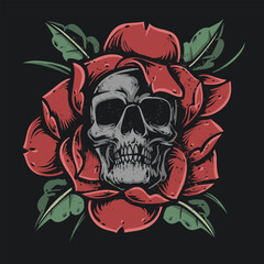 skull inside red rose illustration