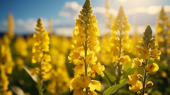 Mullein flowers bloom in an explosion of delicate colors. In a sun-drenched field a composition of mullein flowers with soft petals in singular beauty.