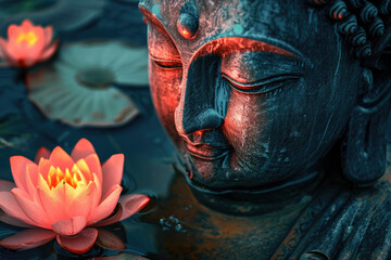 close view of Buddha face with big glowing lotus, nature background