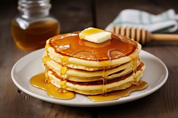 Delicious hot cakes with honey and butter