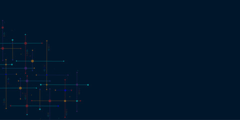 Digital technology blue background. Network technology and Connection concept.  Circuit connects lines and dots. Decentralized network nodes connections.