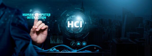 Human-Computer Interaction (HCI), Interface Design, User Experience Enhancement, Businessman touch HCI-related text on the global network cyberspace, technology and innovation concept.