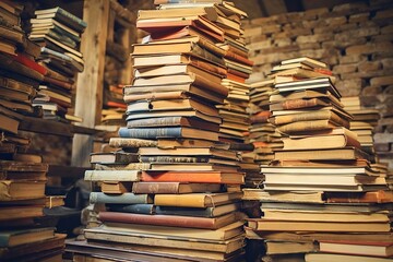 Fototapeta premium Books piled up and forgotten in a storage room