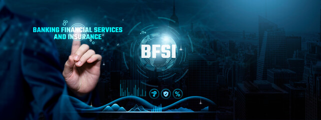 BFSI (Banking, Financial Services, and Insurance), Digital Transformation, Fintech Evolution, Businessman touch BFSI-related text on the global network cyberspace, technology, and innovation concept.