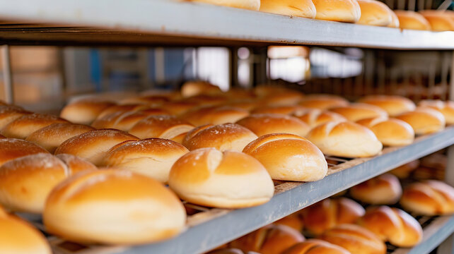 Freshly baked Kaiser roll bread buns on shelves in bakery
