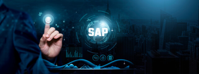 SAP, Enterprise Solutions, Streamlined Operations, Businessman touch SAP-related Icon on the global network cyberspace, technology, and innovation concept. - obrazy, fototapety, plakaty