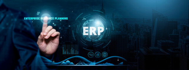 Enterprise Resource Planning (ERP), Integrated Solutions, Streamlined Operations, Businessman touch...