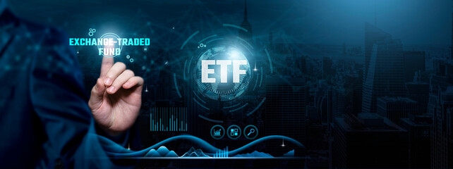 ETF (Exchange-Traded Fund), Financial markets, Diversified investments, Businessman touch ETF-related text on global network cyberspace, technology and innovation concept