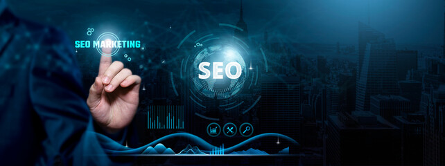 SEO, Online Visibility, Search Engine Optimization, Businessman touch SEO-related text on the global network cyberspace, technology and innovation concept. - obrazy, fototapety, plakaty