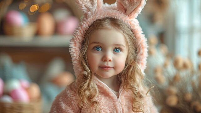 A child wearing an adorable Easter bunny costume, surrounded by festive decorations and painted eggs, the HD camera capturing the cuteness and charm of the festive celebration