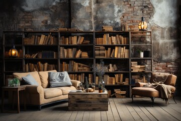 Cozy up with a good book on the plush studio couch surrounded by a wall of shelving in this charming indoor living room design - obrazy, fototapety, plakaty