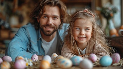 A family crafting Easter decorations together, the HD camera capturing the bonding moments and creative energy during the festive preparation - obrazy, fototapety, plakaty