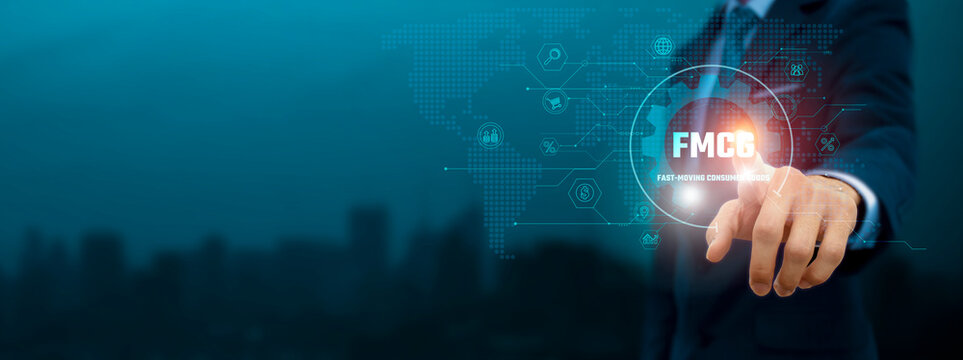 Global business structure of network. Businessman touch FMCG (Fast-Moving Consumer Goods) icon and internet technology on virtual interface, and streamlining consumer goods business Concept.