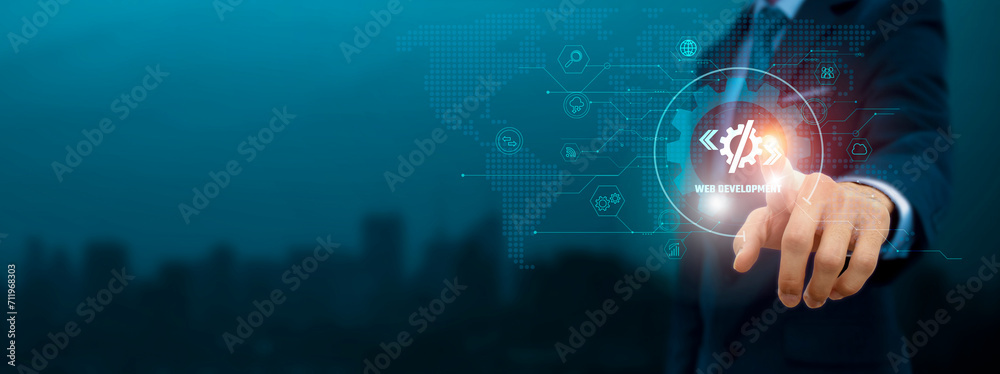 Wall mural global business structure of network. businessman touches web development icon on virtual interface,