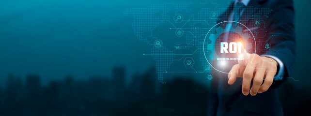 Global business structure of network. Businessman touches ROI icon and internet technology on virtual interface accelerates, integrates, optimizes, transforms. maximizing returns.