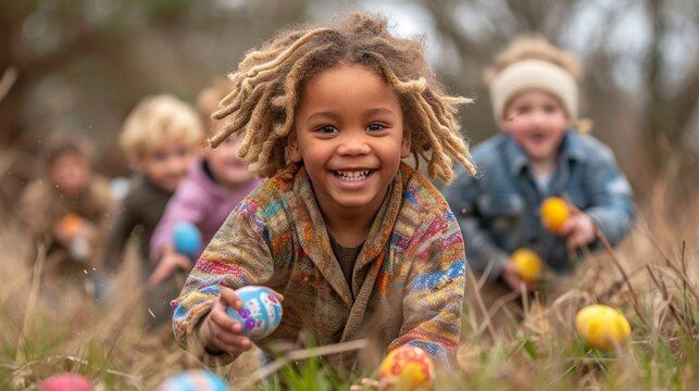A group of children engaged in a lively Easter egg race, the HD camera capturing the energy and excitement of the friendly competition during the festive celebration