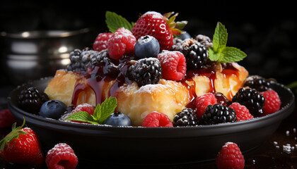 Freshness of summer berries on a wooden plate, healthy indulgence generated by AI