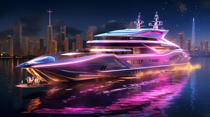 Create an image of a superyacht in a futuristic floating city, with buildings adorned in neon lights and holographic displays.