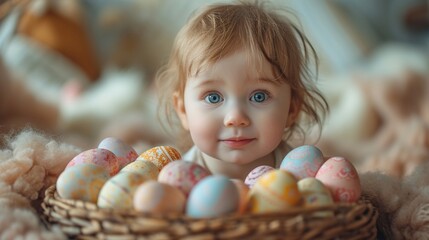 Fototapeta na wymiar A child holding a beautifully decorated Easter basket, filled with pastel-colored eggs and festive goodies, the high-definition camera capturing the delight and anticipation of the celebration