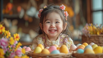  A child excitedly opening an Easter surprise box, filled with colorful eggs and festive treats