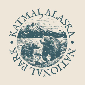 Katmai, Alaska, United States Illustration Clip Art Design Shape. National Park Vintage Icon Vector Stamp.