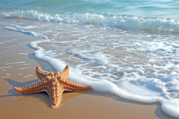 Fototapeta na wymiar the starfish lies on the beach in front of an ocean wave