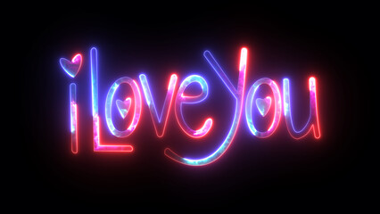 Beautiful glowing neon text "I love you". Shining illuminated stylish colorful bright lettering Love in Neon. It can be used for a romantic, wedding video or Valentine's day greetings